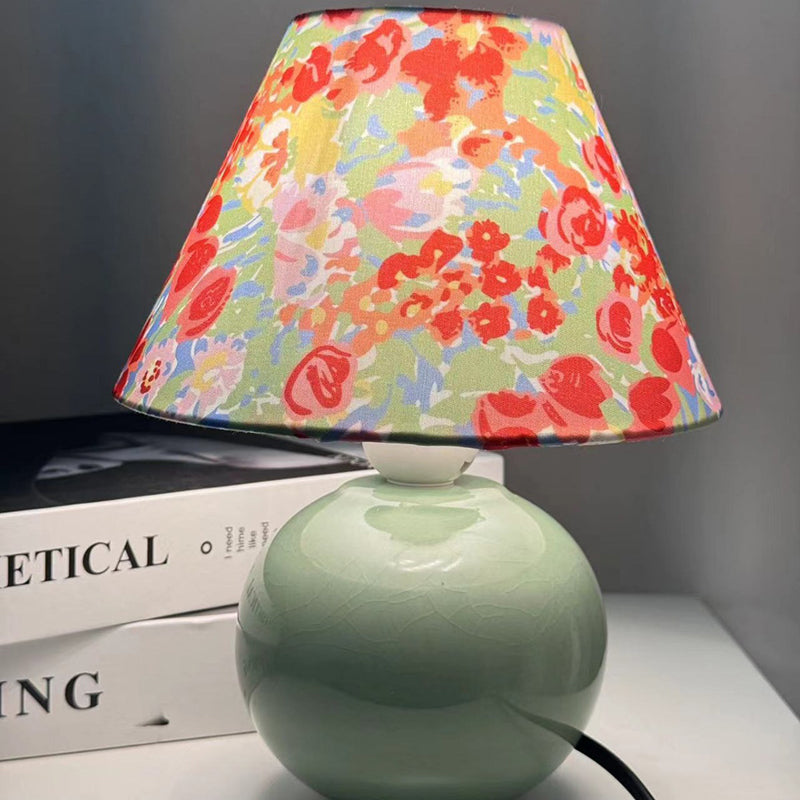 Lámpara de mesa redonda de cerámica y tela de estilo Art Deco moderno de 1 luz para dormitorio y sala de estar 