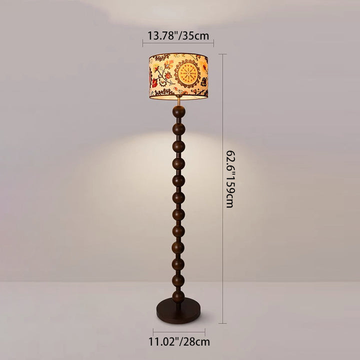 Traditional Vintage Wood &amp; Fabric Round 1-Light Standing Floor Lamp For Bedroom &amp; Living Room