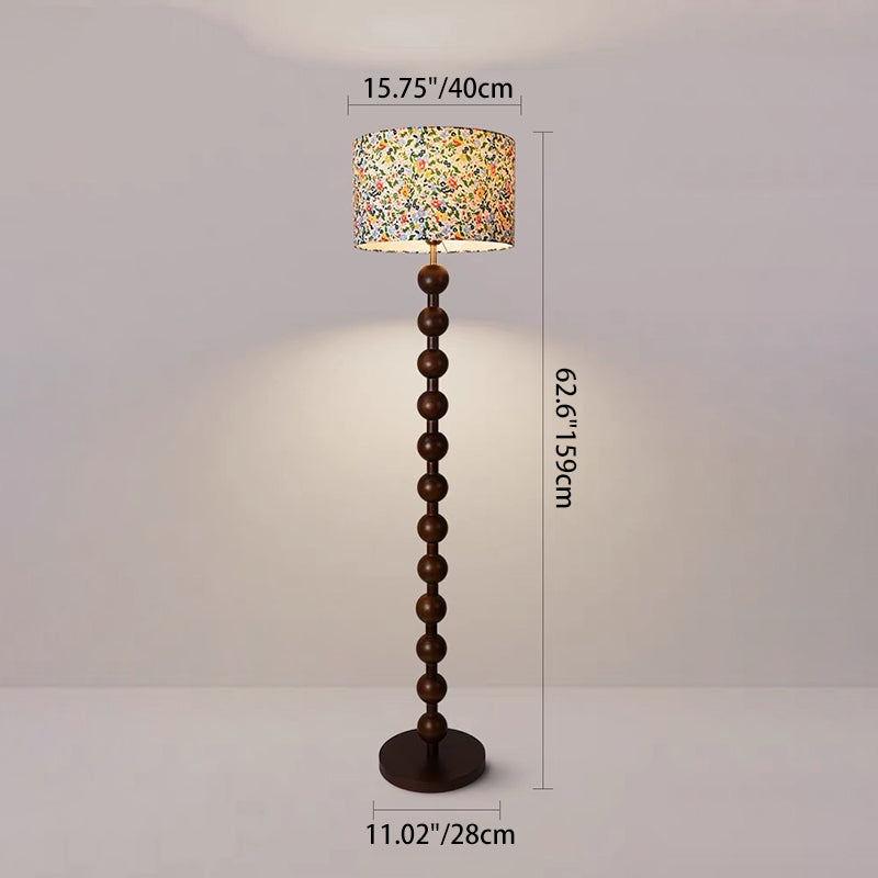 Traditional Vintage Wood &amp; Fabric Round 1-Light Standing Floor Lamp For Bedroom &amp; Living Room