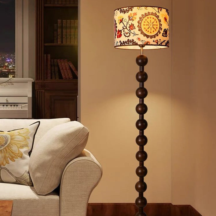 Traditional Vintage Wood &amp; Fabric Round 1-Light Standing Floor Lamp For Bedroom &amp; Living Room