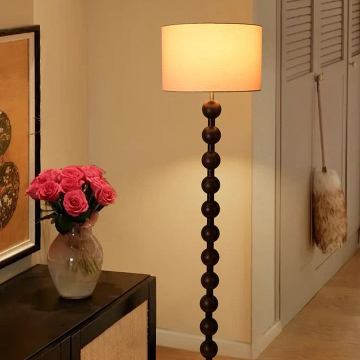Traditional Vintage Wood &amp; Fabric Round 1-Light Standing Floor Lamp For Bedroom &amp; Living Room