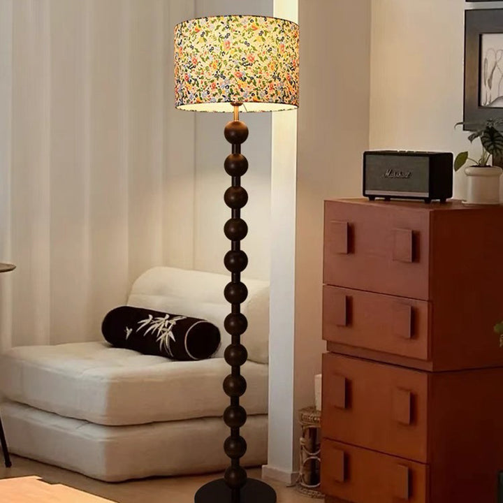 Traditional Vintage Wood &amp; Fabric Round 1-Light Standing Floor Lamp For Bedroom &amp; Living Room