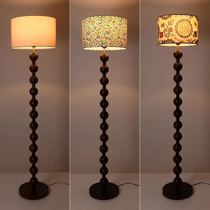 Traditional Vintage Wood &amp; Fabric Round 1-Light Standing Floor Lamp For Bedroom &amp; Living Room