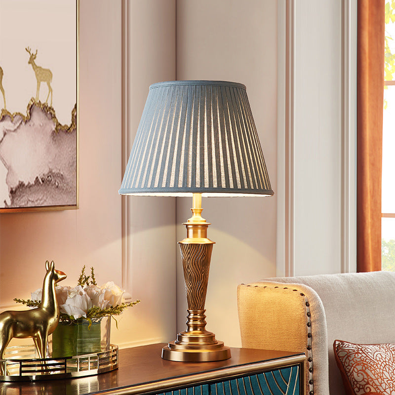 Traditional Rustic Brass Fabric Round 1-Light Table Lamp For Bedroom & Living Room