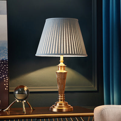 Traditional Rustic Brass Fabric Round 1-Light Table Lamp For Bedroom & Living Room