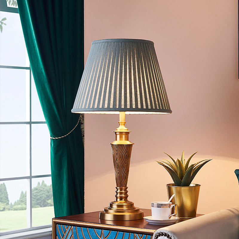 Traditional Rustic Brass Fabric Round 1-Light Table Lamp For Bedroom & Living Room