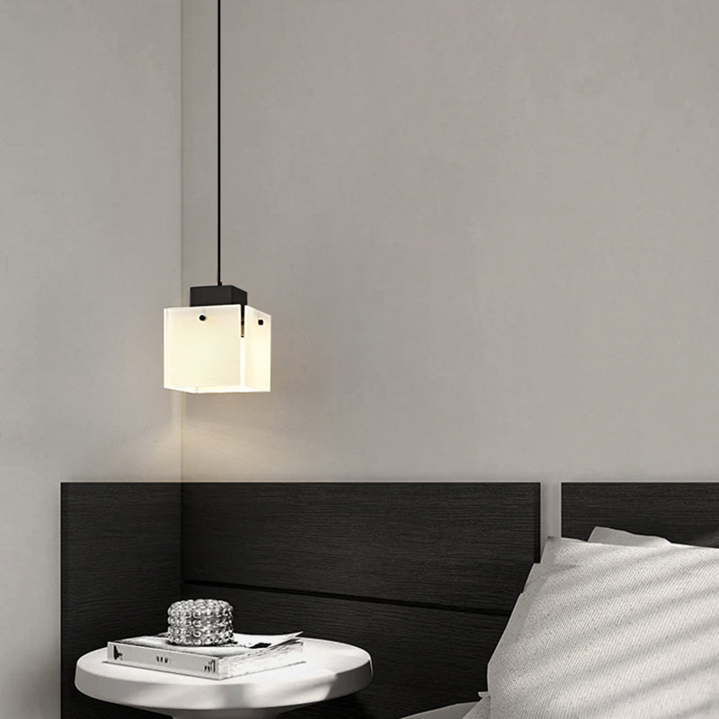 Modern Minimalist Glass & Iron Square 1-Light Pendant Light With Adjustable Cord For Bedroom, Living Room, Dining Room