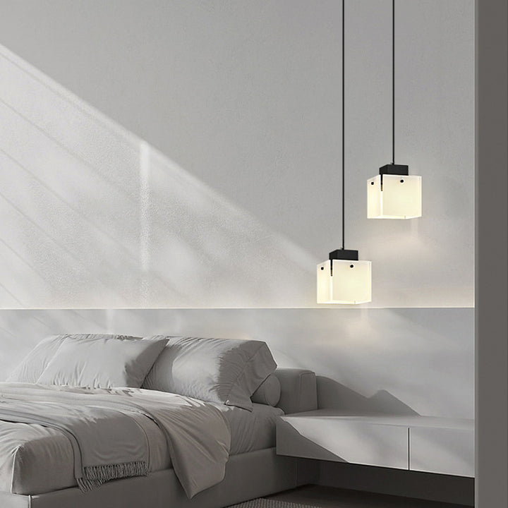 Modern Minimalist Glass &amp; Iron Square 1-Light Pendant Light With Adjustable Cord For Bedroom, Living Room, Dining Room