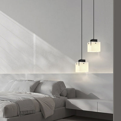 Modern Minimalist Glass & Iron Square 1-Light Pendant Light With Adjustable Cord For Bedroom, Living Room, Dining Room