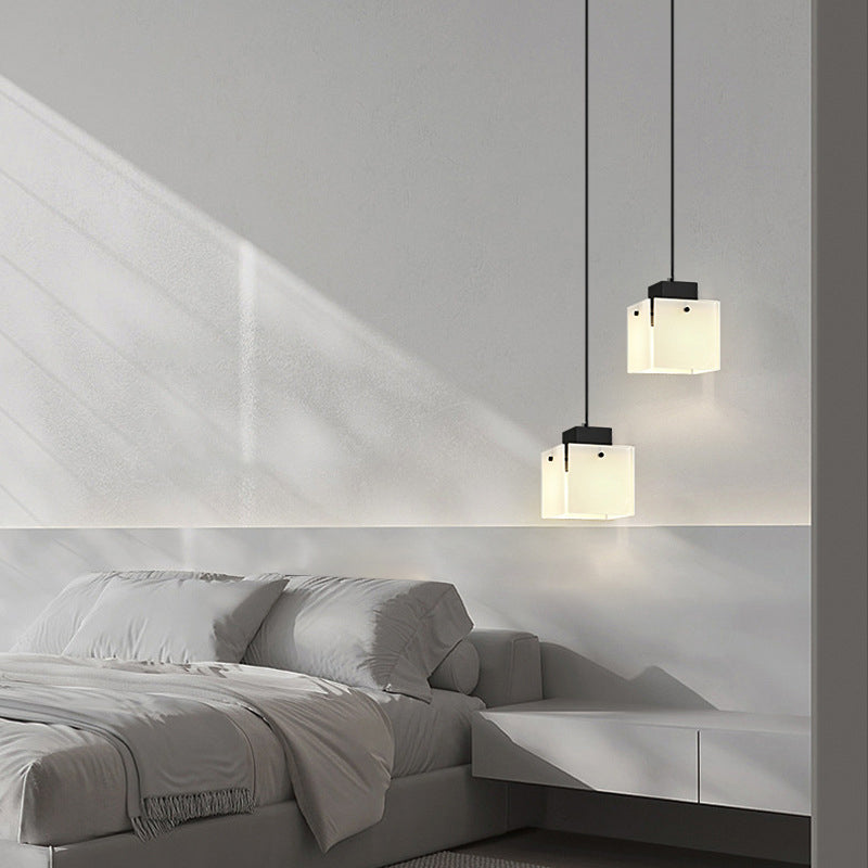 Modern Minimalist Glass & Iron Square 1-Light Pendant Light With Adjustable Cord For Bedroom, Living Room, Dining Room