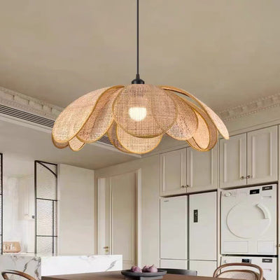 Lámpara colgante de 1 luz con pétalo de ratán japonés tradicional con cable ajustable para comedor, dormitorio y sala de estar 