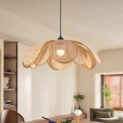 Lámpara colgante de 1 luz con pétalo de ratán japonés tradicional con cable ajustable para comedor, dormitorio y sala de estar 
