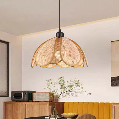 Lámpara colgante de 1 luz con pétalo de ratán japonés tradicional con cable ajustable para comedor, dormitorio y sala de estar 