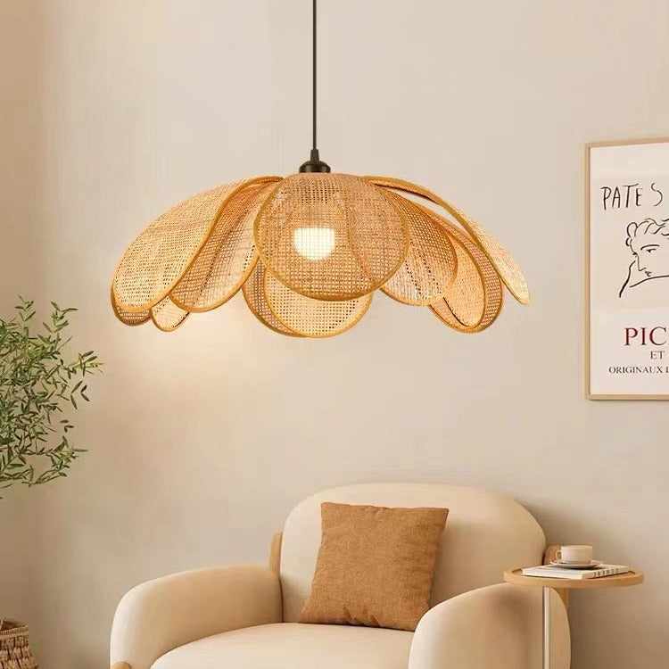 Lámpara colgante de 1 luz con pétalo de ratán japonés tradicional con cable ajustable para comedor, dormitorio y sala de estar 