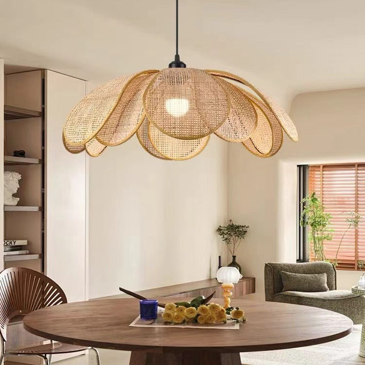 Lámpara colgante de 1 luz con pétalo de ratán japonés tradicional con cable ajustable para comedor, dormitorio y sala de estar 