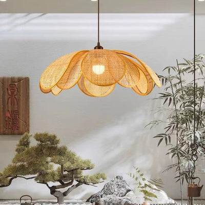 Lámpara colgante de 1 luz con pétalo de ratán japonés tradicional con cable ajustable para comedor, dormitorio y sala de estar 