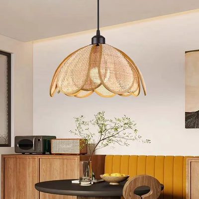 Lámpara colgante de 1 luz con pétalo de ratán japonés tradicional con cable ajustable para comedor, dormitorio y sala de estar 