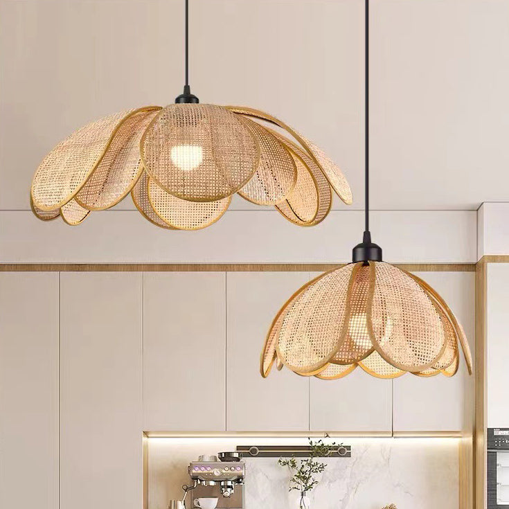 Lámpara colgante de 1 luz con pétalo de ratán japonés tradicional con cable ajustable para comedor, dormitorio y sala de estar 