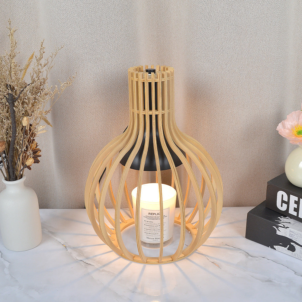 Lampe de table en cire fondue à 1 lumière ronde en bois et fer traditionnel japonais pour chambre et salon 