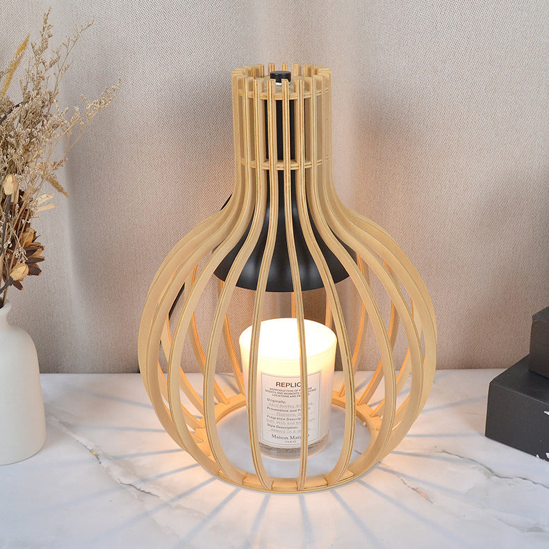 Traditional Japanese Wood & Iron Round 1-Light Melting Wax Table Lamp For Bedroom & Living Room