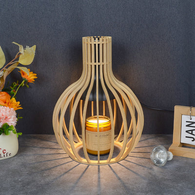 Traditional Japanese Wood & Iron Round 1-Light Melting Wax Table Lamp For Bedroom & Living Room