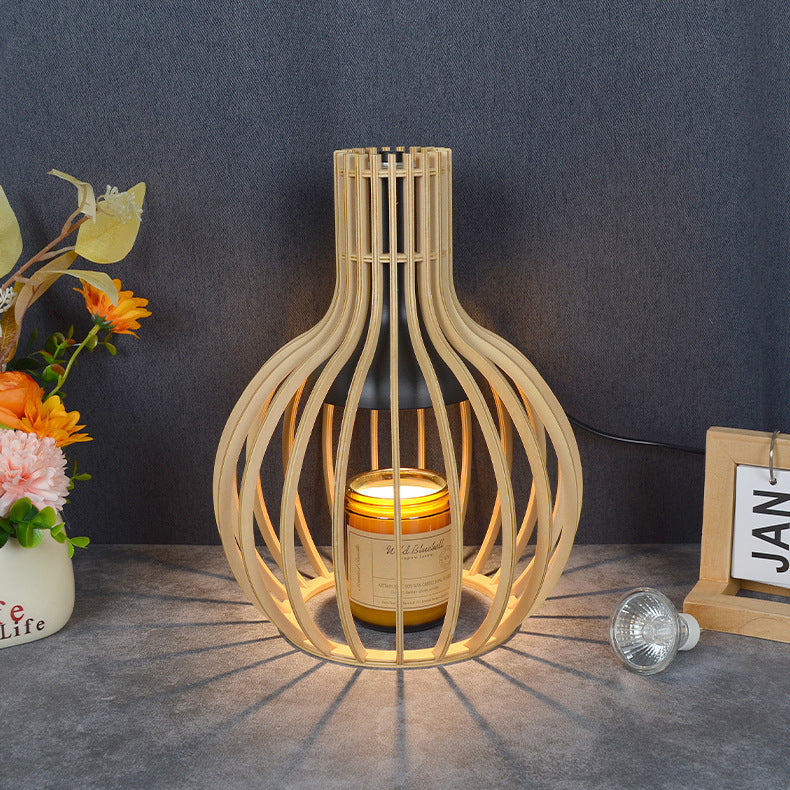 Traditional Japanese Wood & Iron Round 1-Light Melting Wax Table Lamp For Bedroom & Living Room