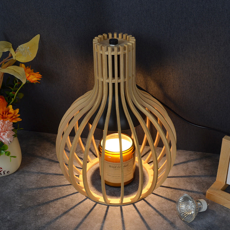 Lampe de table en cire fondue à 1 lumière ronde en bois et fer traditionnel japonais pour chambre et salon 