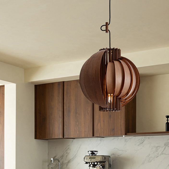 Lámpara colgante de globo de madera y metal tradicional francesa de 1 luz con cable ajustable para dormitorio, comedor y sala de estar 