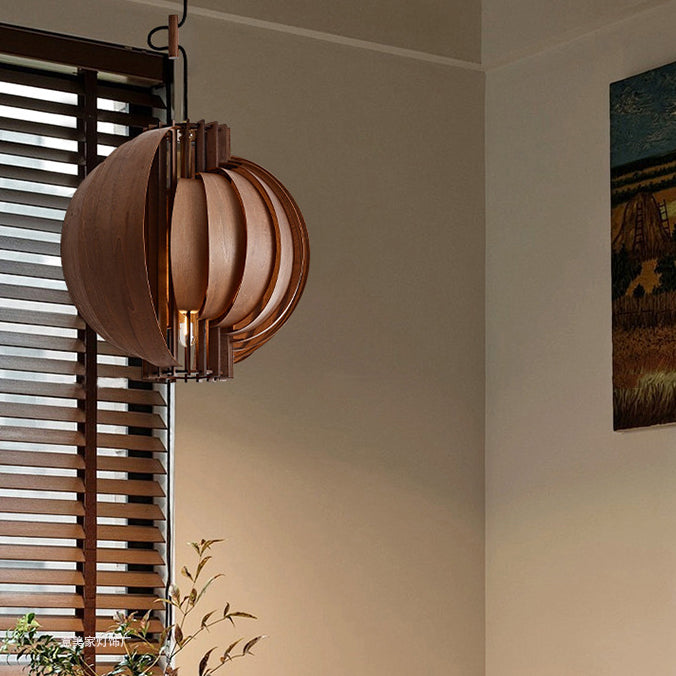 Lámpara colgante de globo de madera y metal tradicional francesa de 1 luz con cable ajustable para dormitorio, comedor y sala de estar 