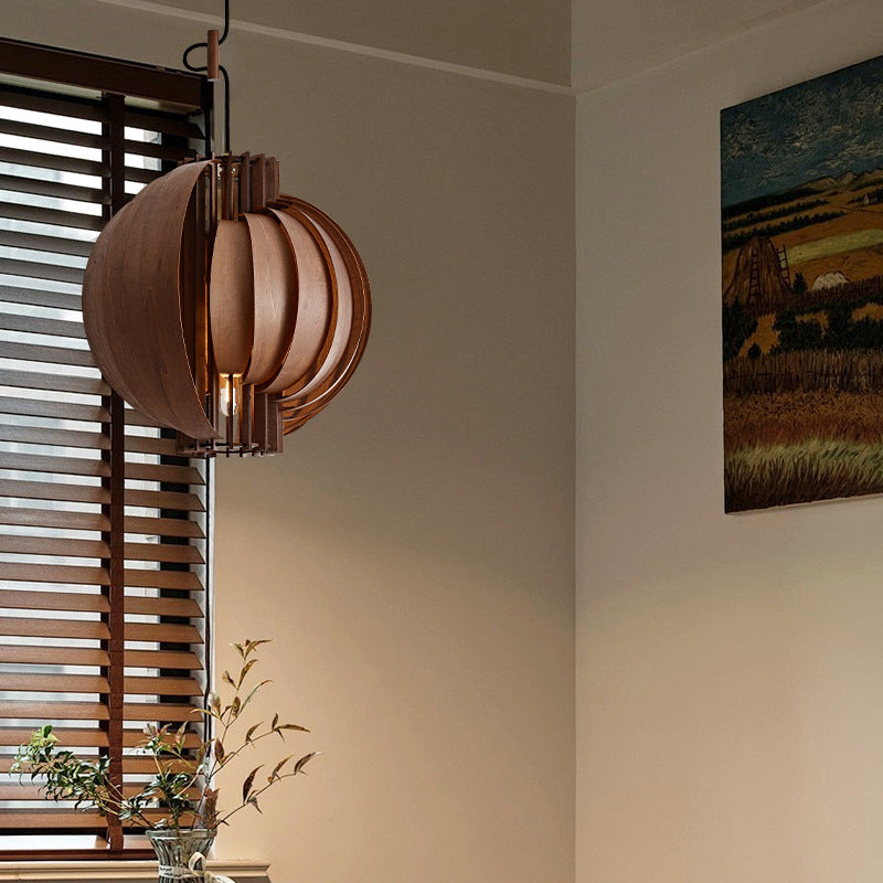Lámpara colgante de globo de madera y metal tradicional francesa de 1 luz con cable ajustable para dormitorio, comedor y sala de estar 