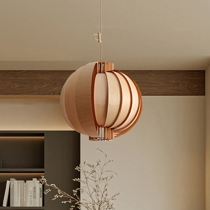 Lámpara colgante de globo de madera y metal tradicional francesa de 1 luz con cable ajustable para dormitorio, comedor y sala de estar 