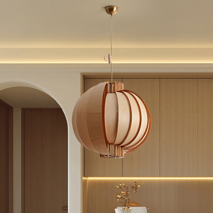 Lámpara colgante de globo de madera y metal tradicional francesa de 1 luz con cable ajustable para dormitorio, comedor y sala de estar 