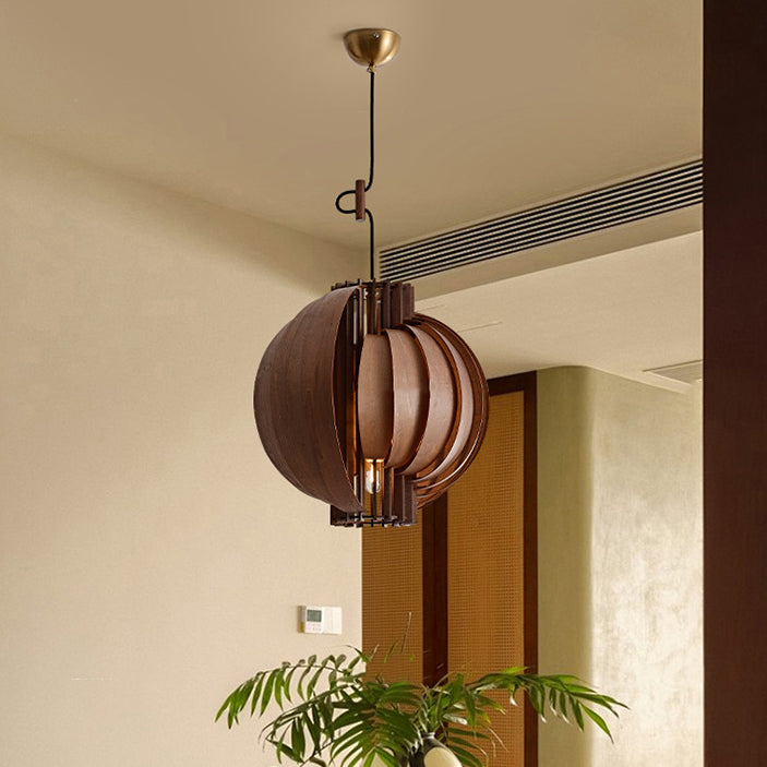 Lámpara colgante de globo de madera y metal tradicional francesa de 1 luz con cable ajustable para dormitorio, comedor y sala de estar 