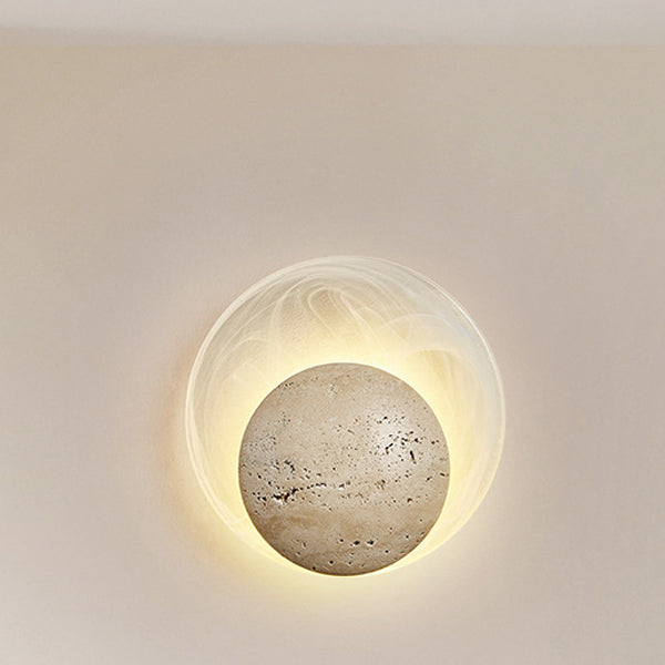 Traditionelle japanische Stein-Glas-Runde LED-Wandleuchte für Schlafzimmer & Wohnzimmer 