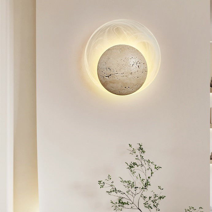 Traditionelle japanische Stein-Glas-Runde LED-Wandleuchte für Schlafzimmer & Wohnzimmer 