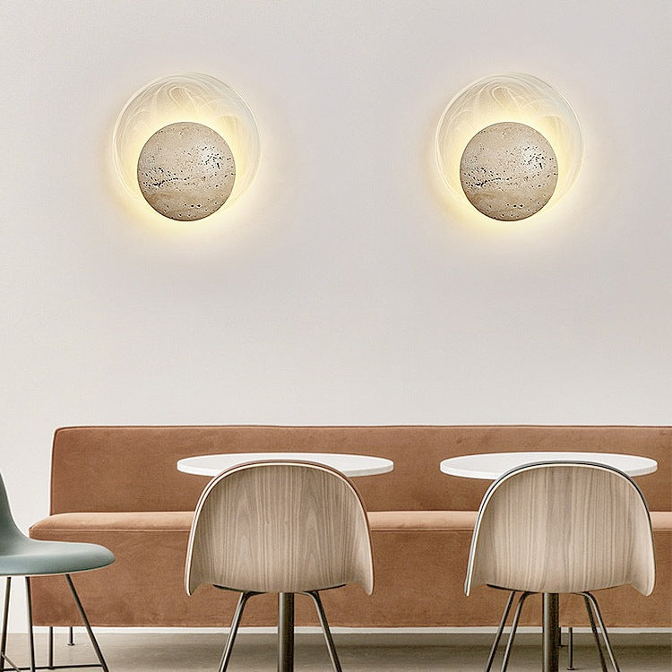 Traditionelle japanische Stein-Glas-Runde LED-Wandleuchte für Schlafzimmer & Wohnzimmer 