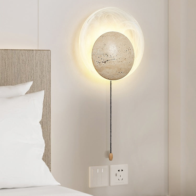 Traditionelle japanische Stein-Glas-Runde LED-Wandleuchte für Schlafzimmer & Wohnzimmer 