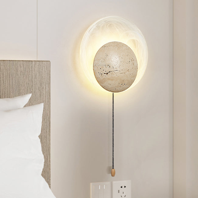 Traditionelle japanische Stein-Glas-Runde LED-Wandleuchte für Schlafzimmer & Wohnzimmer 