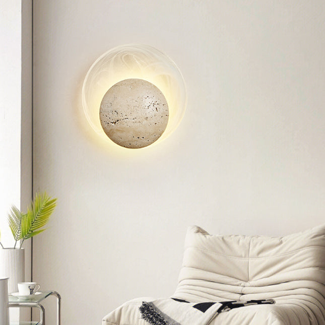 Traditionelle japanische Stein-Glas-Runde LED-Wandleuchte für Schlafzimmer & Wohnzimmer 