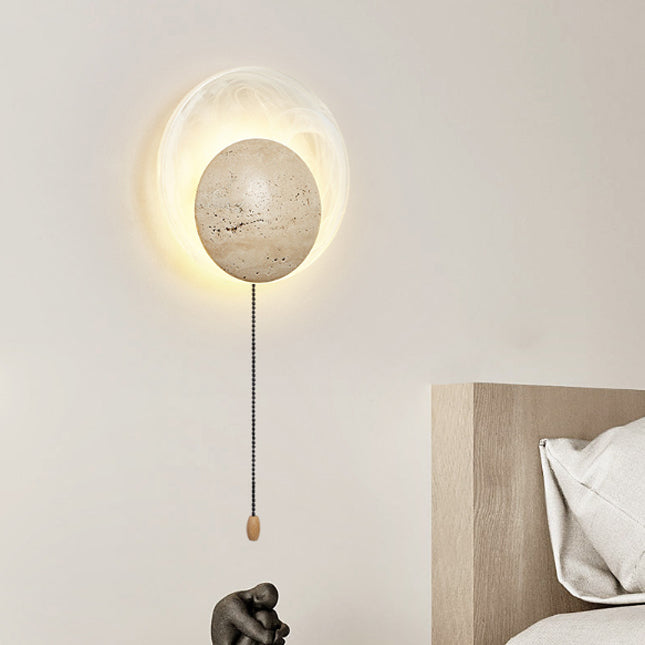 Traditional Japanese Stone Glass Round LED Wall Sconce Lamp For Bedroom &amp; Living Room
