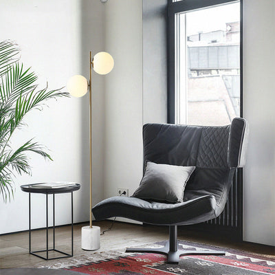 Lampe de sol contemporaine nordique en marbre, métal et verre, ronde à 2 lumières pour salon et chambre 