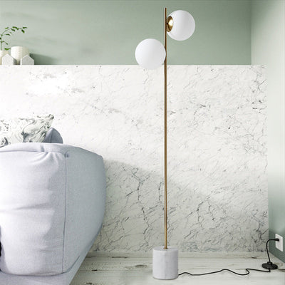 Lampe de sol contemporaine nordique en marbre, métal et verre, ronde à 2 lumières pour salon et chambre 