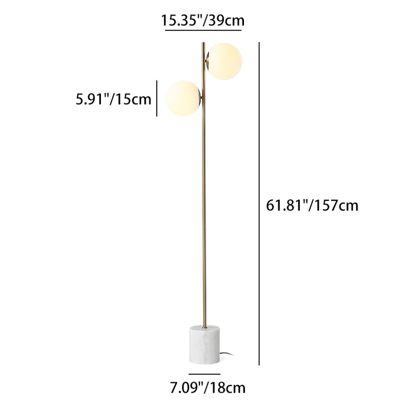 Lampe de sol contemporaine nordique en marbre, métal et verre, ronde à 2 lumières pour salon et chambre 