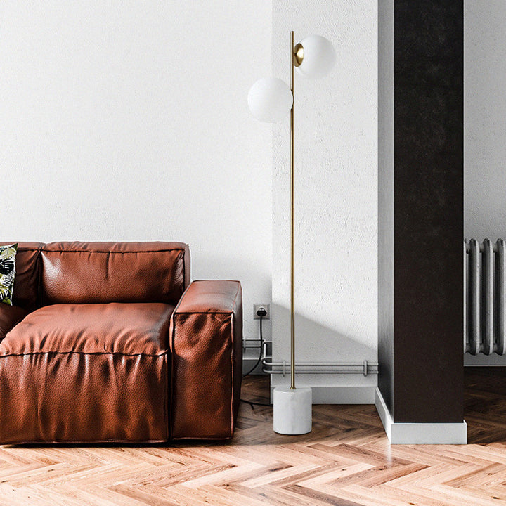 Lampe de sol contemporaine nordique en marbre, métal et verre, ronde à 2 lumières pour salon et chambre 