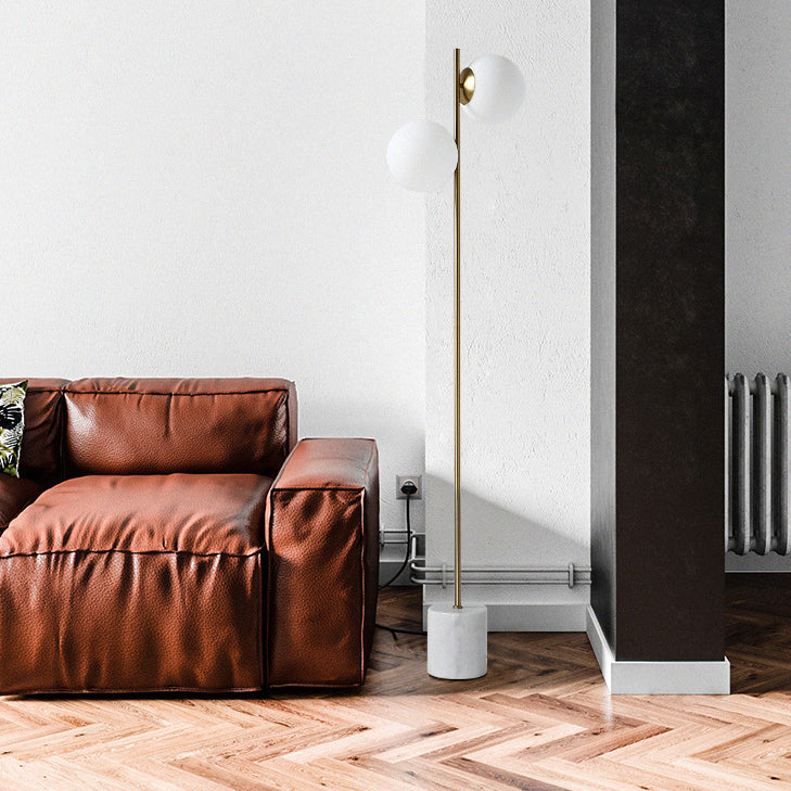 Lampe de sol contemporaine nordique en marbre, métal et verre, ronde à 2 lumières pour salon et chambre 