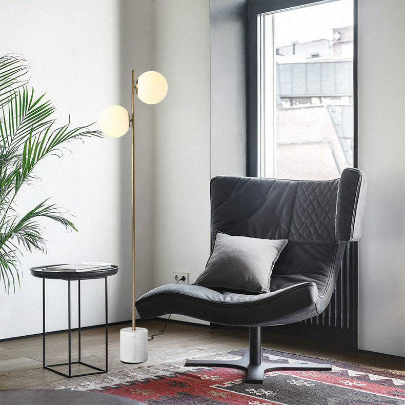 Lampe de sol contemporaine nordique en marbre, métal et verre, ronde à 2 lumières pour salon et chambre 