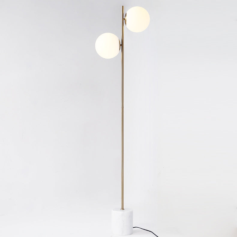 Lampe de sol contemporaine nordique en marbre, métal et verre, ronde à 2 lumières pour salon et chambre 