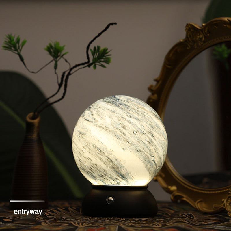 Artistic Glass Planet Sphere USB Rechargeable Table Lamp - Art Deco Touch Dimmable Brightness Ambient Bedside Lighting For Bedroom