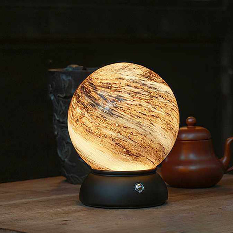 Artistic Glass Planet Sphere USB Rechargeable Table Lamp - Art Deco Touch Dimmable Brightness Ambient Bedside Lighting For Bedroom