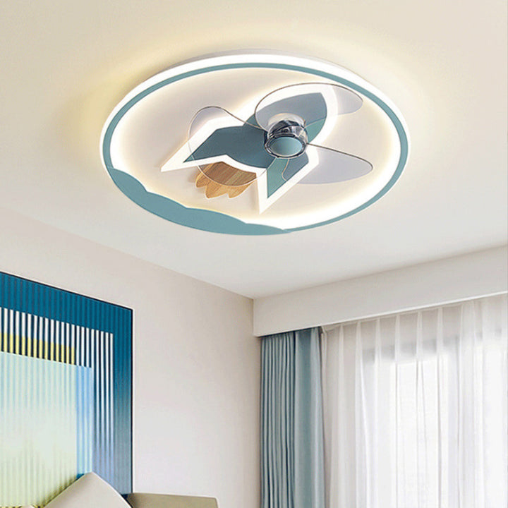 Contemporary Creative Iron Acrylic Round Airplane-shaped Kids LED Flush Mount Ceiling Fan Light For Bedroom